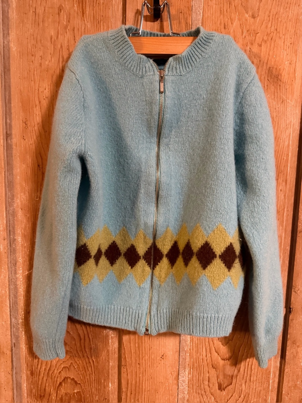Vintage J.Crew Full-Zip Argyle Sweater 100% Wool Made in Hong Kong Women's large